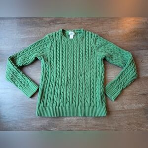 LL Bean Womens Cable Knit Sweater Size Small Regular Pullover Cotton Green